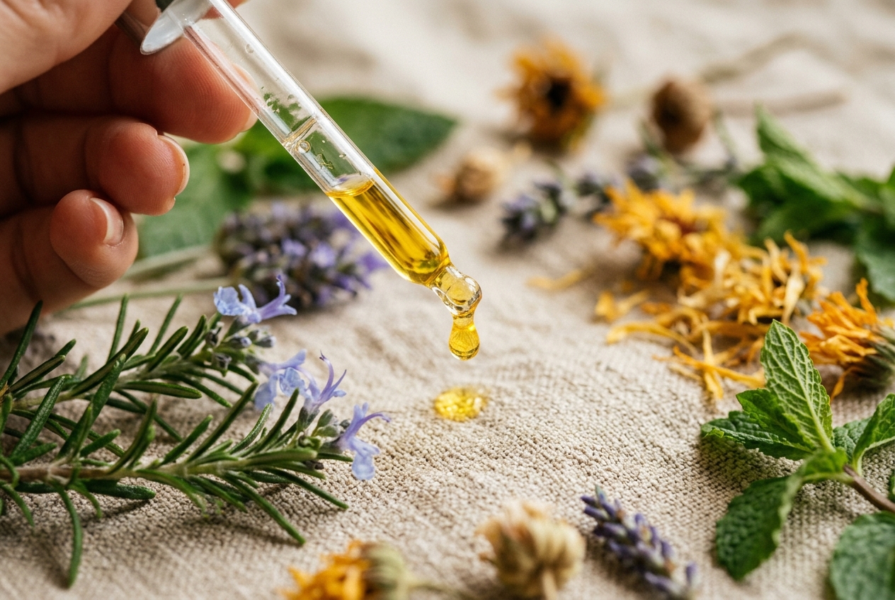 Botanical golden oil droplet dispensed from glass pipette