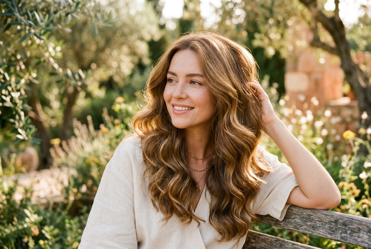 Woman enjoying soft shiny hydrated hair in garden sunlight