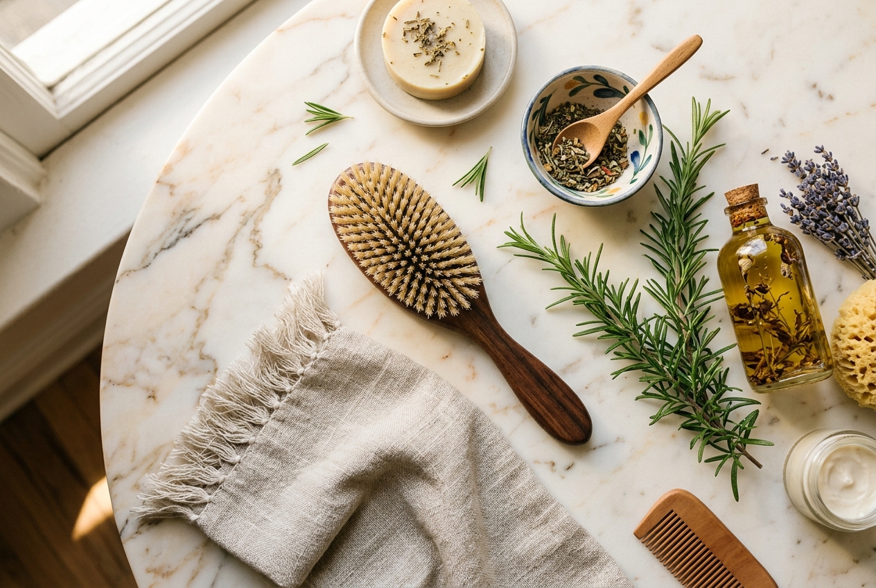Natural wooden comb and botanical beauty ritual items on marble table